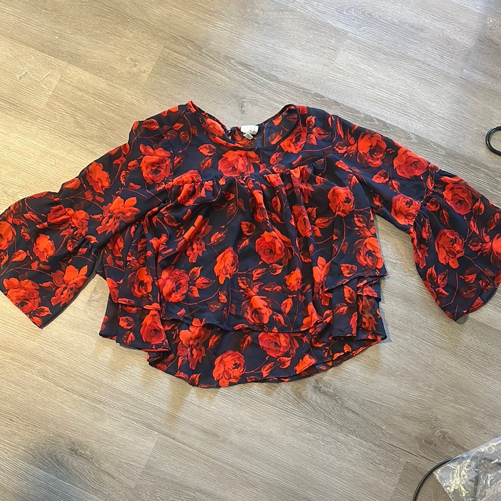 A New Day Ruffled Blue and Orange Blouse with 3/4 Bell Sleeves